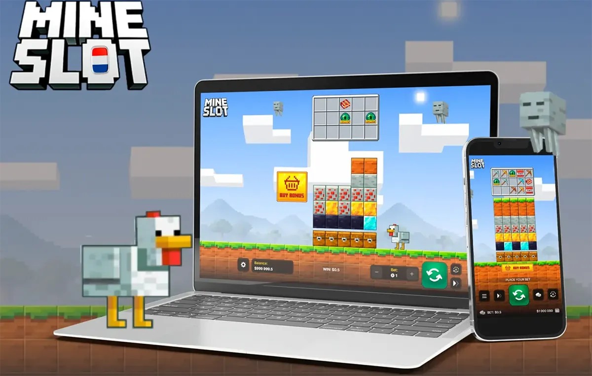 Promotional image for “Mine Slot” showing a Minecraft-style pixel world background with a laptop and smartphone displaying the slot game interface, alongside a blocky chicken character and the Mine Slot logo in the top-left corner.