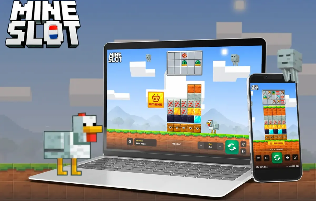 Promotional image for “Mine Slot” showing a Minecraft-style pixel world background with a laptop and smartphone displaying the slot game interface, alongside a blocky chicken character and the Mine Slot logo in the top-left corner.