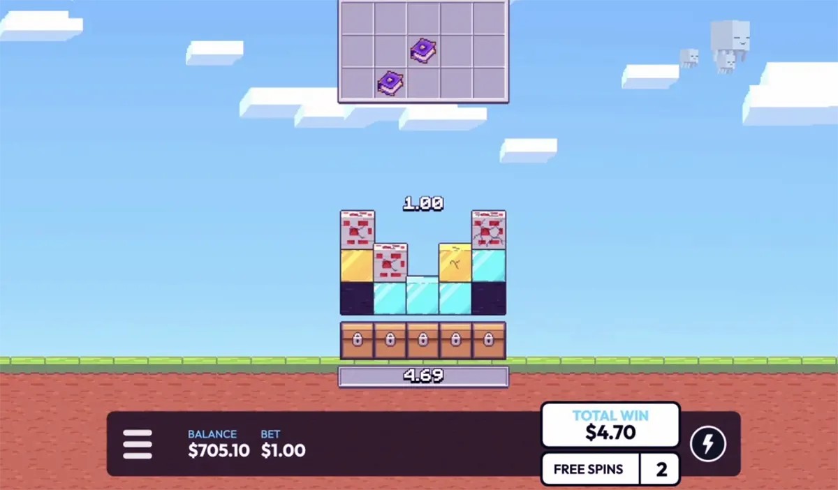Screenshot of the Mine Slot game showing a Minecraft-style sky background with block symbols stacked in the centre, a payout value below, and a bottom HUD displaying balance, bet amount, total win, and remaining free spins.